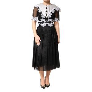 Dolce & Gabbana Black White Silk Macrame Lace Midi Women's Dress